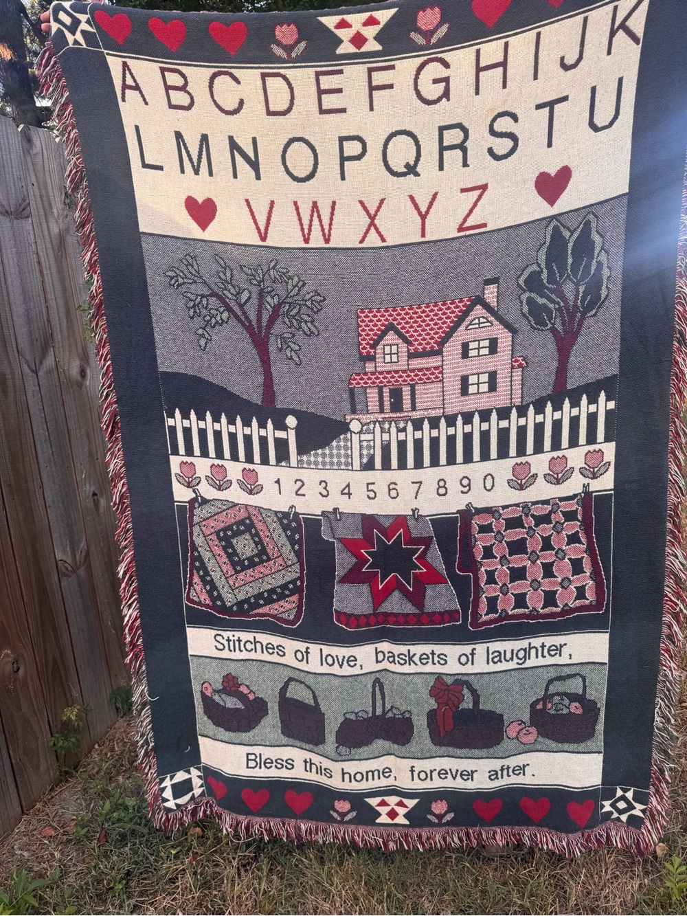 Handcrafted Alphabet & Home Throw Blanket in Red, Cream, Gray